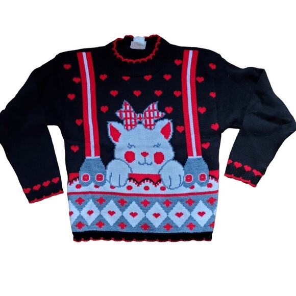 Vintage Fairy Kei Kawaii Kitty Kitten Cat Red Black White Sweater Kids Childrens - Picture 2 of 10